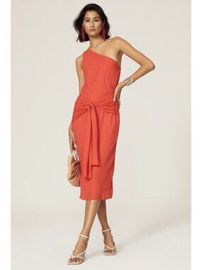 KRISA Bias Cut Midi Dress Red Chiffon One Shoulder Tie Front Party Summer sheath
